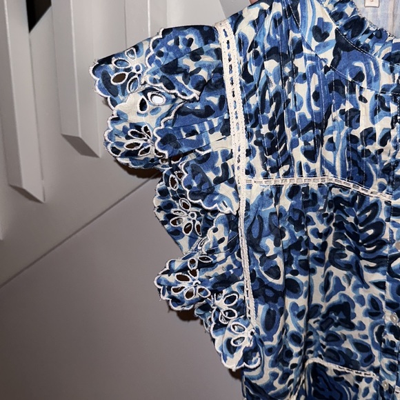 House of Harlow 1960 Blue Floral Eyelet Ruffle Dress Small Smocked Tiered A-Line - Picture 5 of 8